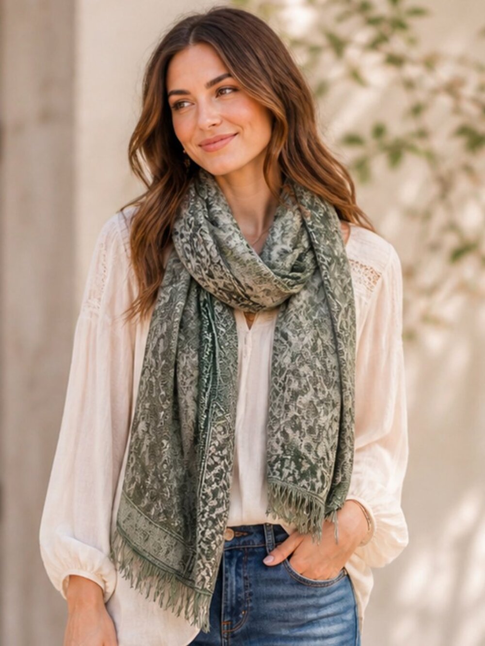 Simply Noelle Large Green Patterned Soft Fringed Scarf Shawl Wrap 28” x 76”